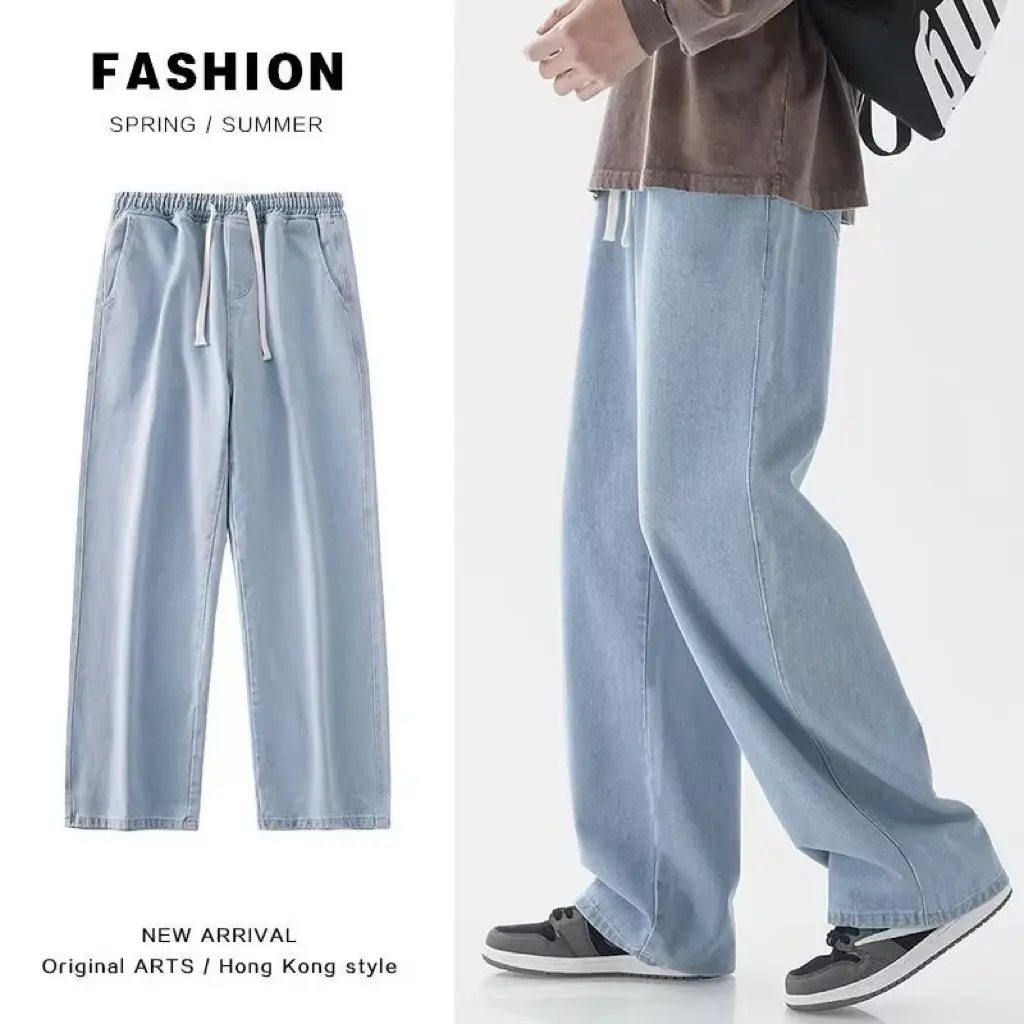 Japanese-Style Drawstring Light-Colored Jeans Men's Elastic Waist Loose Straight Mop Pants Trendy Wide-Leg Casual Long Pants Men