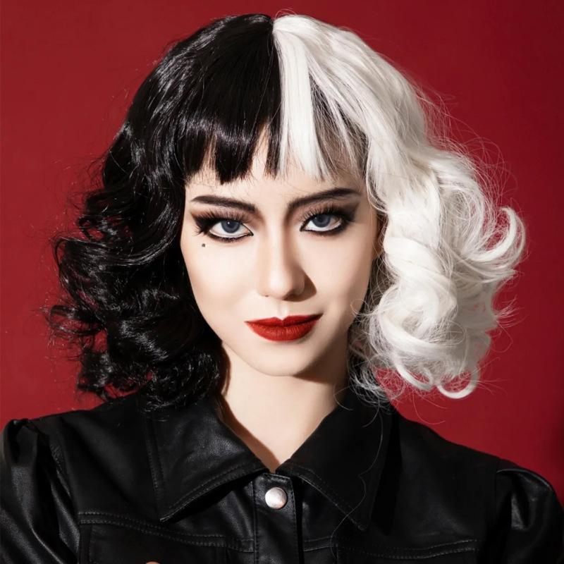 Product Introduction of $Amazon Black and White Maleficent Cruella De Vil Cosplay Wig TikTok Trending European and American Short Curly Full Wig Manufacturer In Stock 2025 2