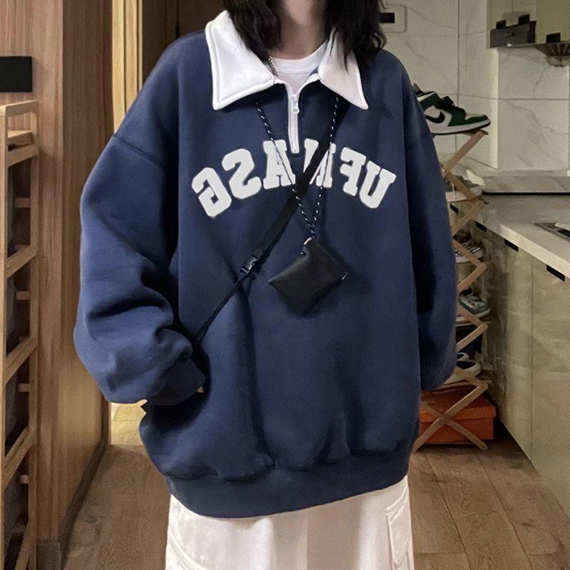 Sweater Kolar Polo, Gaya Retro Amerika, Separuh Zip, Untuk Wanita ...