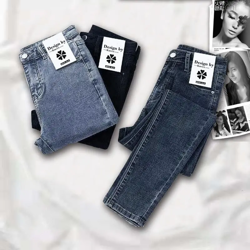 Jeans for Women Spring and Autumn New Korean Style High Waist Slim Fit Versatile Student Stretch Cropped Ankle Tight Pencil Pants