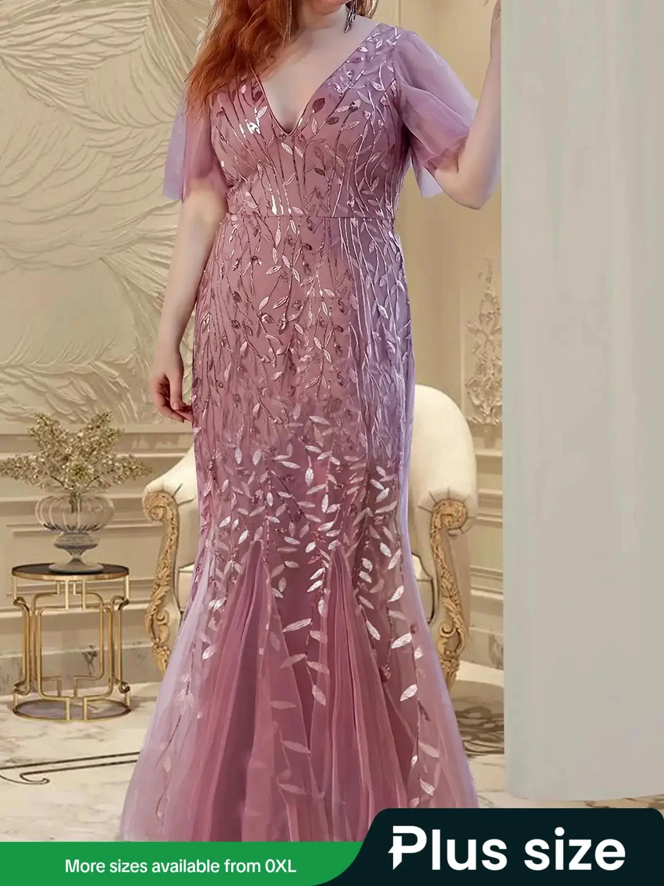 Plus Size Chic Leaf Embroidery Contrast Mesh Sequin V Neck Mermaid Dress, Mean Girl Dress, Summer Clothes Women, Lady Elegant Comfort Short Sleeve Maxi Dress
