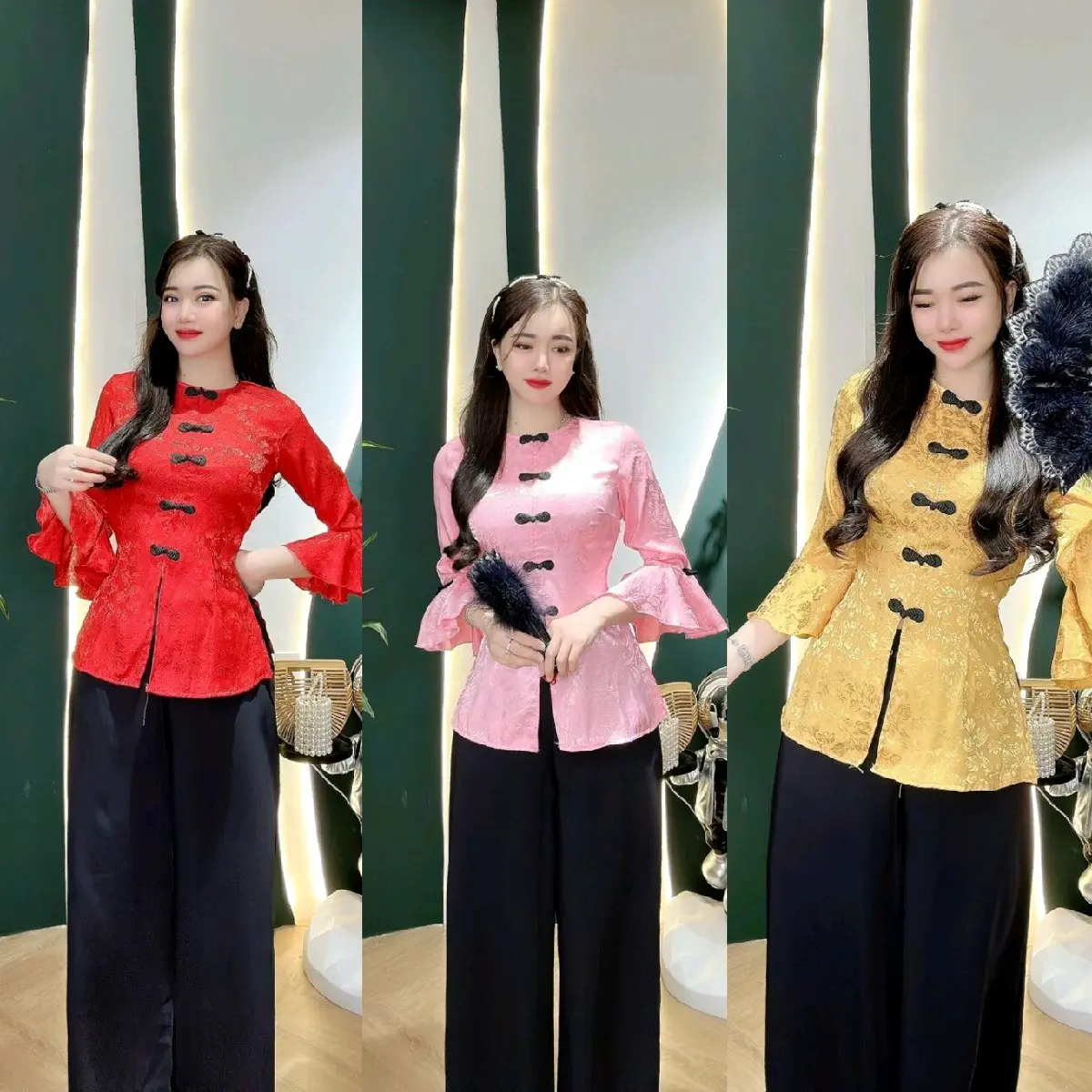 SÉT BÀ BA GẤM TAY LOE CỔ TRÒN NÚT TÀU DUYÊN DÁNG SIZE S, M, L, XL TỪ 40-70KG QUẦN ĐEN HOẶC TRẮNG Màu Đỏ Women Nữ Nhung