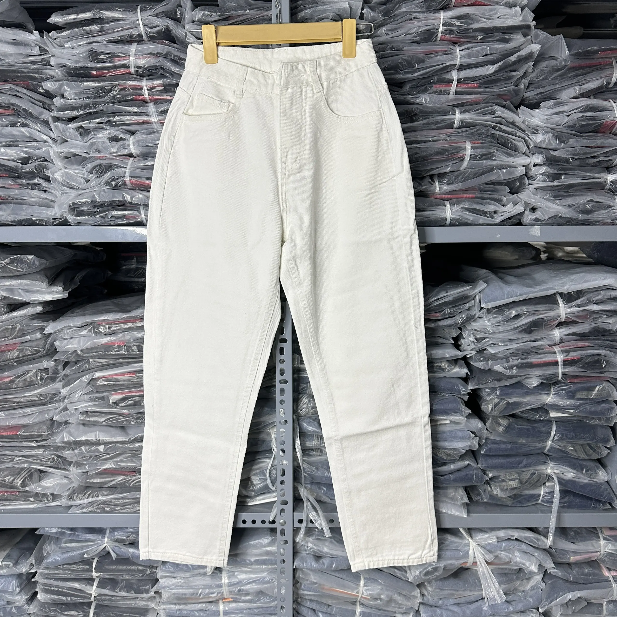 Quần jean baggy trắng trơn cạp cao, quần bò nữ chất jiean mềm không giản