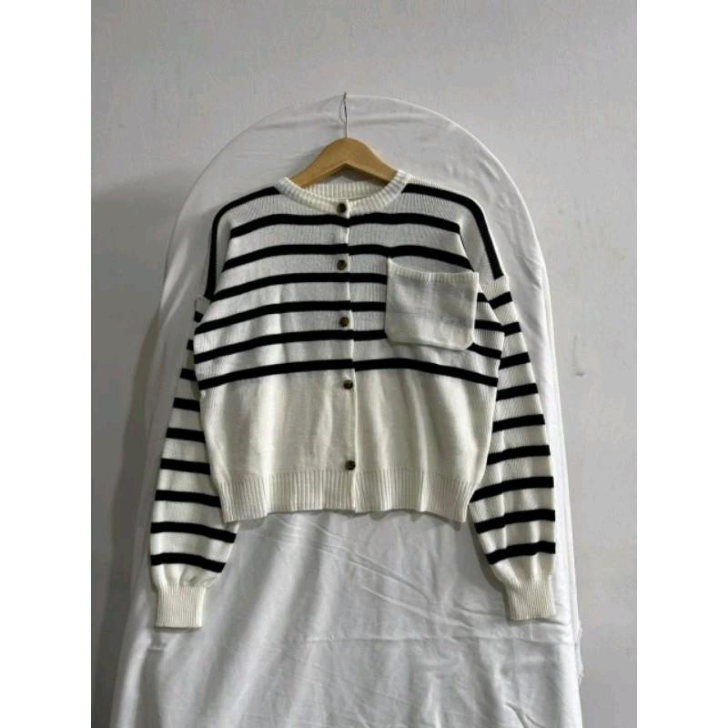 Cardigan Rajut Wanita Flora Full Kancing Motif Salur Setrip Blaster Baju Atasan Garis Kerah Nyaman Knitwear Panjang 6