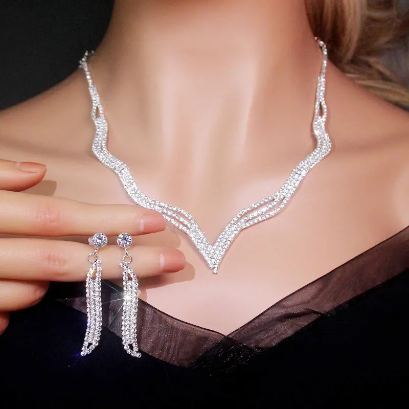 Bộ Vòng Cổ và hoa tai, dây chuyền móng vuốt màu bạc, đính đá quý, phong cách Hàn Quốc, thích hợp cho váy cưới cô dâu, bán chạy, mới 1