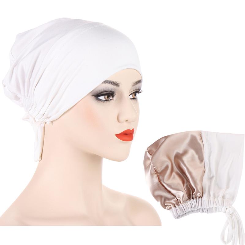 Instant Hijab Muslim Tudung Inner Hijab New Multi-color Satin Cloth Drawstring Pullover Cap Base Cap Strap Tether Cap 5