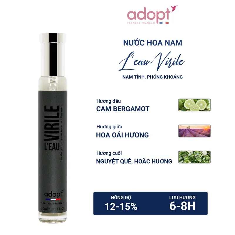Nước hoa nam Adopt' L'EAU VIRILE - Hương thơm mạnh mẽ cuốn hút - Nước hoa chính hãng Pháp 30ml Perfume Cosmetic 0