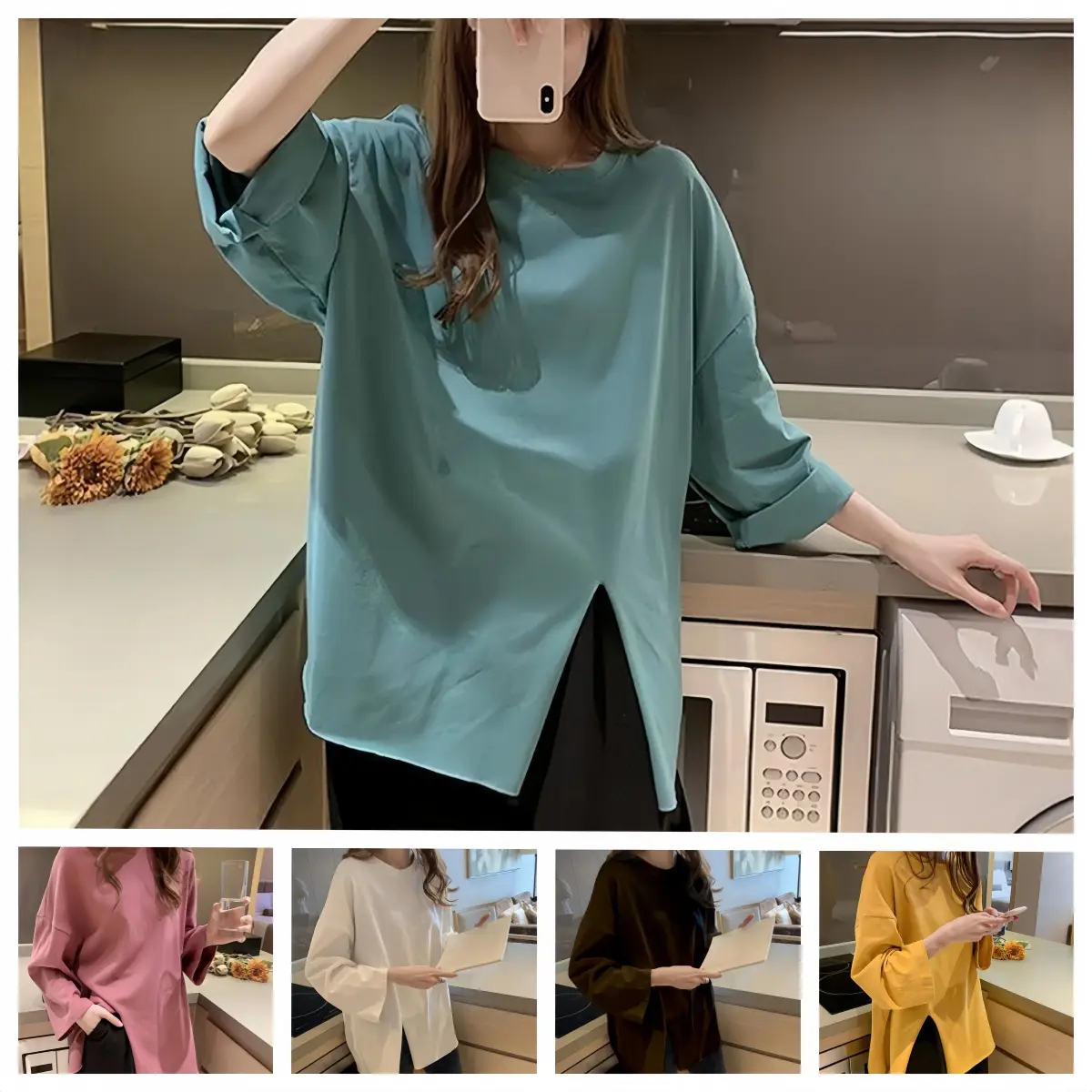Kemeja-T Lengan Panjang Mudah, Gaya Musim Luruh, Untuk Wanita, Leher Bulat, Warna Pepejal, Panjang Sederhana, Rekaan Lengan Celah Sisi, Serba guna, Baju Atasan Wanita, PickMeNow
