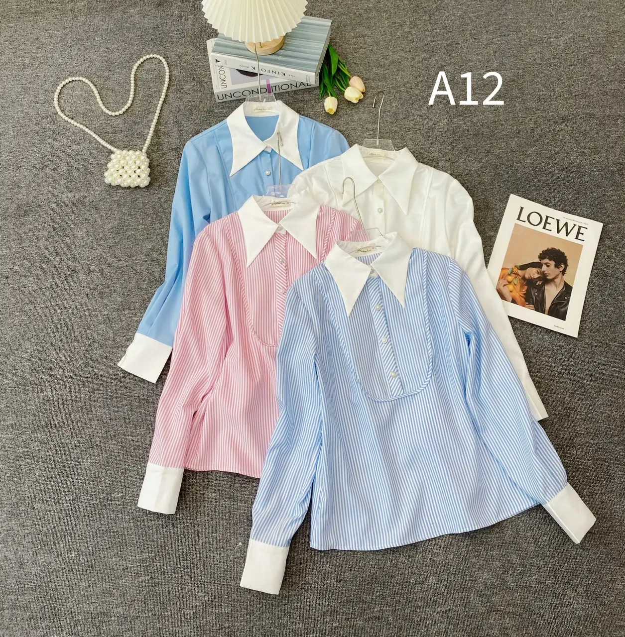 Áo sơ mi nữ CÚC FASHION HN áo sơ mi cổ nhọn cúc ngọc A12