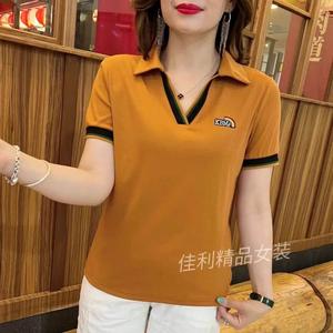 Free Shipping Fat Girl Can Wear Internet Celebrity V neck Polo Shirt Women Short Sleeve Casual T-shirt Rainbow Stretch Fashion Lapel Tees Ladies shirt High Quality blouse