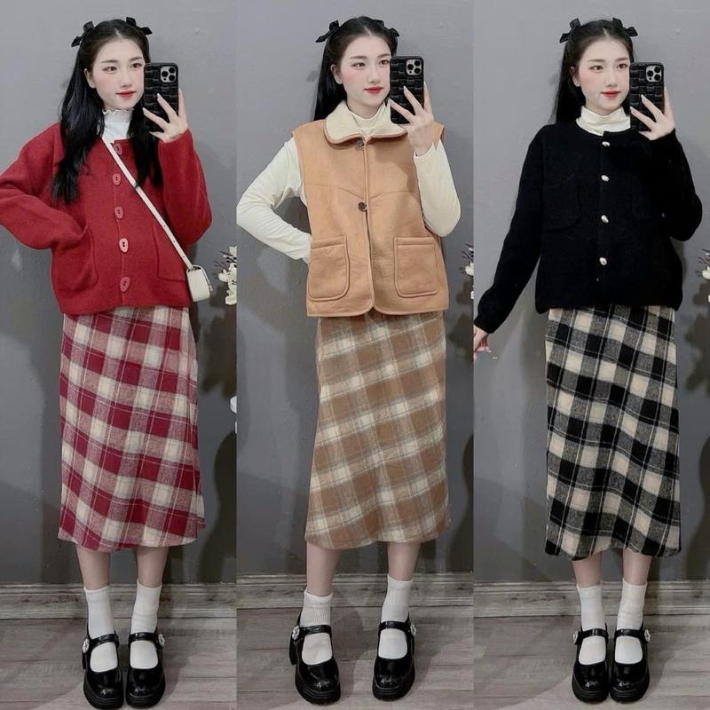  Chân váy bầu dạ kẻ CV08 xẻ sau cực thời trang style hàn quốc Nữ Women 