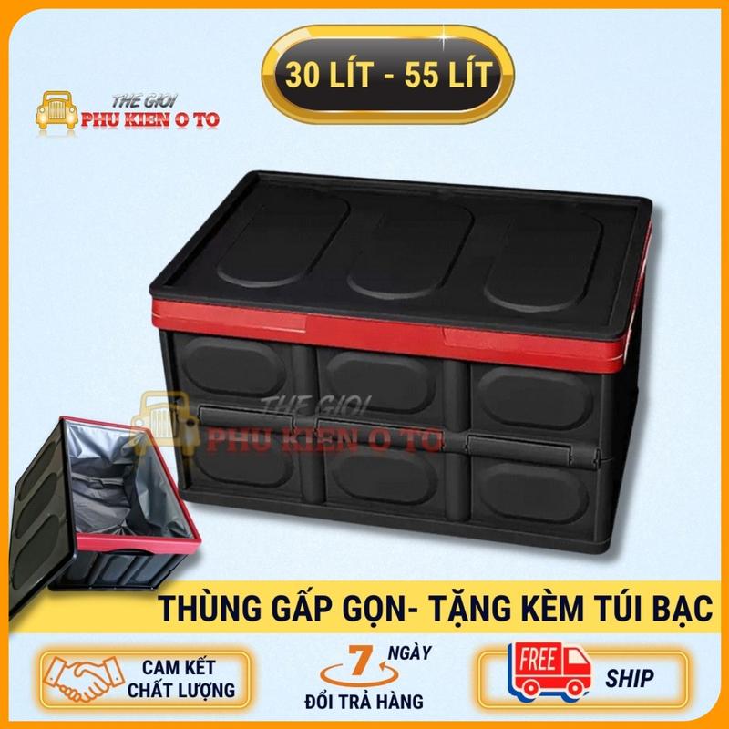 Thùng nhựa đựnġ đồ cho cốp xe ô tô có thể gấp xếp gọn có chốt gài thể tích 30 Lít + 55 Lít tặng kèm túi chống nước