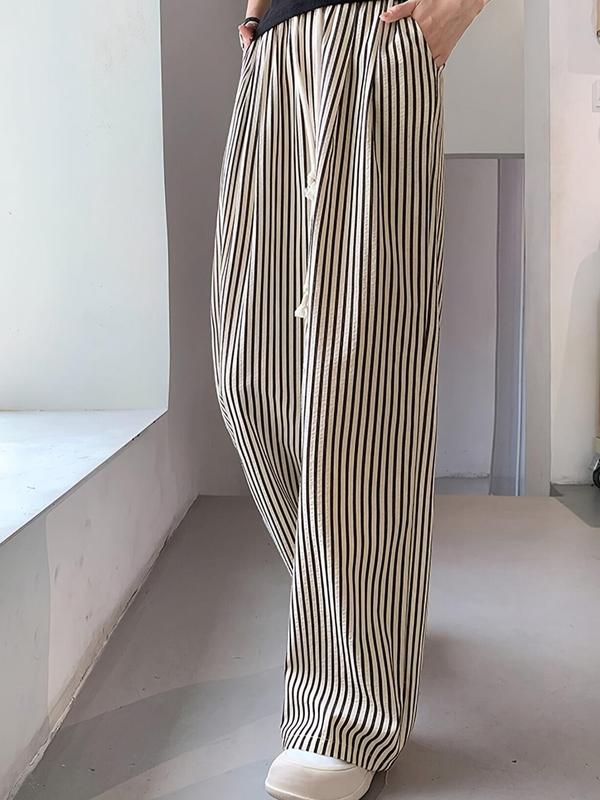 Women's Striped Print Elastic Waist Wide Leg Pants, Casual Comfy Trousers for Spring & Fall, Women's Bottoms for Daily Wear 2