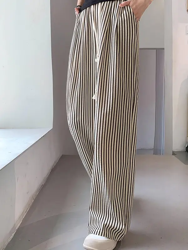 Women's Striped Print Elastic Waist Wide Leg Pants, Casual Comfy Trousers for Spring & Fall, Women's Bottoms for Daily Wear 2