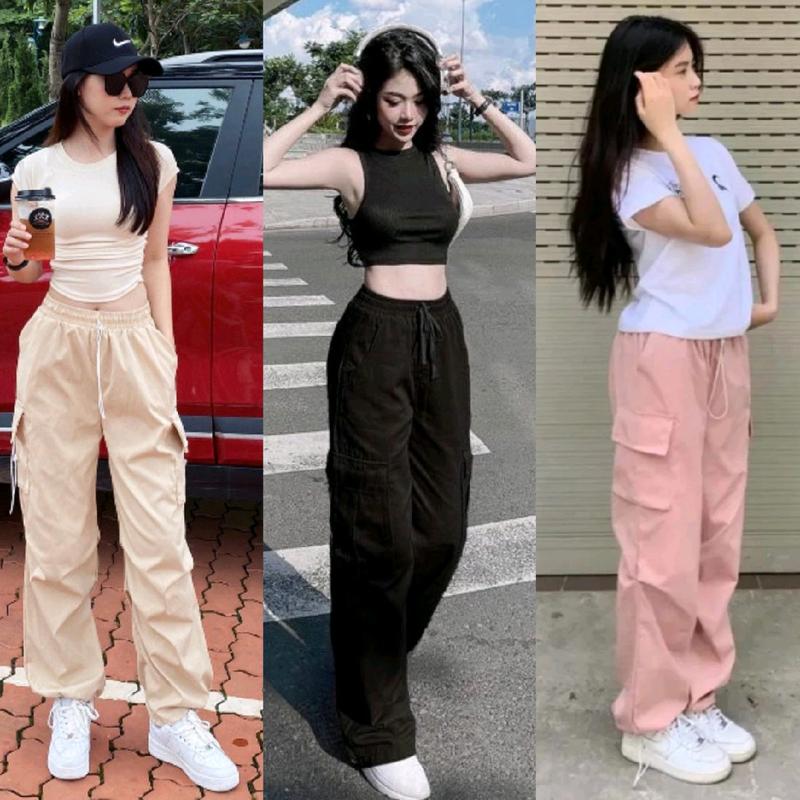 Quần Kaki ống rộng túi hộp cạp chun dây rút dáng suông dài Quần Jogger ống rộng nữ lưng cao bo gấu co giãn màu Đen kem hồng ghi đẹp Sport Gym Sport Gym Tập Gym