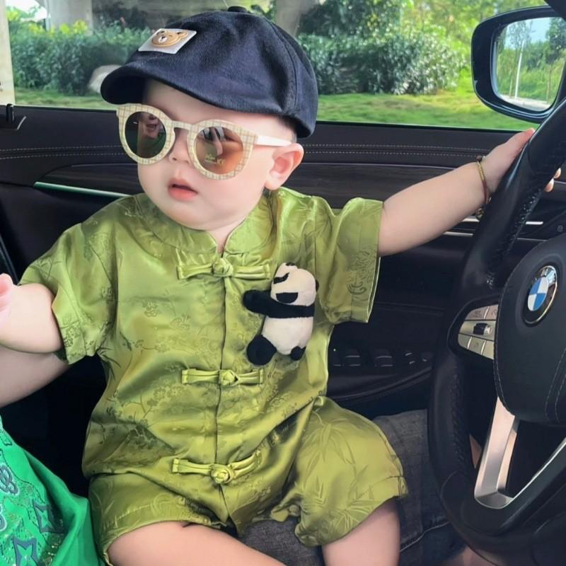 Quần Áo Trẻ Em, Bộ Sưu Tập Mới Mùa Hè, Áo Liền Quần Ngắn Tay Cho Bé Trai, Làm Bằng Cotton Nguyên Chất, Thích Hợp Cho Trẻ Sơ Sinh 0-24 Tháng, Với Thiết Kế Tấm Lót Hanfu Phong Cách Trung Quốc, Khóa Chân Đế, Áo Liền Quần Gấu Trúc Khoảng trống Nút