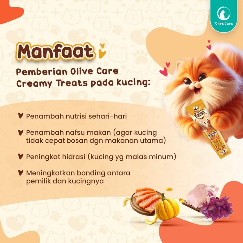 Olive Care PAKET CREAMY TREATS 16gr & 20gr isi 5 Tubes Snack Cemilan Kucing Bernutrisi dengan Daging Ayam/Salmon Asli & Red Spinach/Winter Squash 5