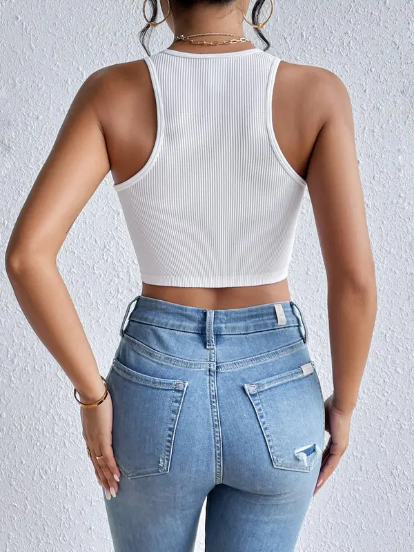 Women's Plain Round Neck Crop Tank Top without Necklace, Summer Tops, Summer Clothes, Casual Sleeveless Ribbed Top for Summer, Crop Top for Women,  Clothes for Women, Women's Clothing for Daily Wear 6