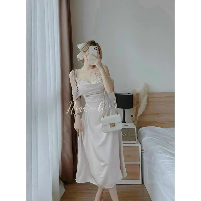 Đầm thời trang nữ mặc đi chơi chất phi lụa cổ dây khoét tay ngắn áo tạo giún váy đầm dài maxi phong cách trẻ trung 7