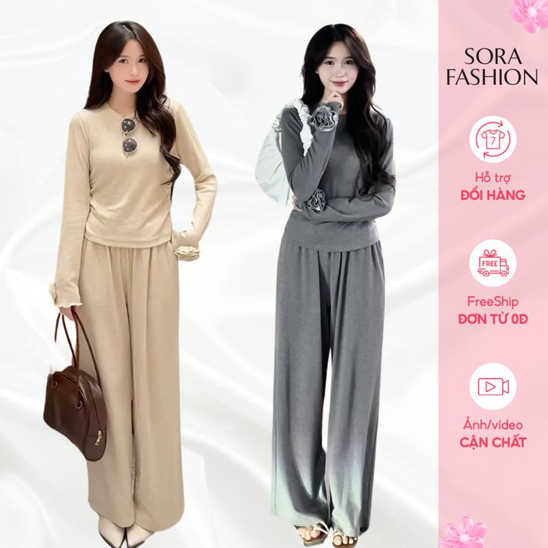 Set Bộ Nữ Áo Kiểu Nhún Eo Kèm Quần Culottes Sora Fashion,Set Nữ Bigsize Áo Đính Hoa Tay Chất Liệu Len Tăm Thỏ 185 Women Kem Top Thun