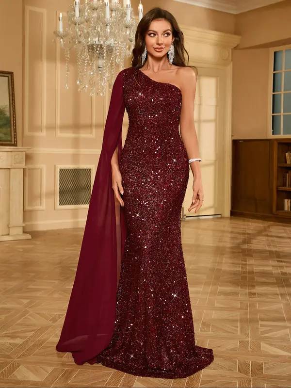 Women's Solid Glitter Sequins Cut Out One Shoulder Evening Mermaid Dress, Elegant Contrast Mesh Extra-long Sleeve  Asymmetrical Zipper Back Maxi Dress for Party Banquet, Ladies' Clothes for All Seasons 4