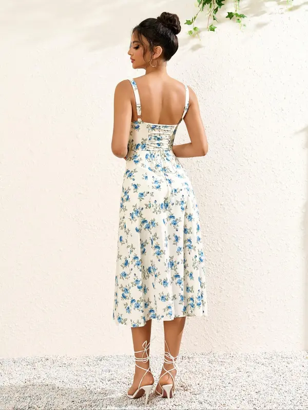 Women's Floral Print Ruched Split Thigh Dress, Elegant Sleeveless Midi Dress for Summer, Ladies Clothes for Beach Holiday, Womenswear, Dresses for Summer 8