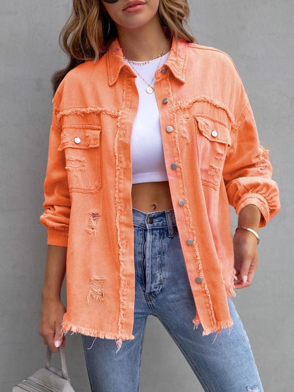 Women's Plain Ripped Raw Hem Button Front Drop Shoulder Coat, Casual Pocket Long Sleeve Collared Outerwear, Airport Outfits, Women's Shacket, Ladies Clothes, Summer Outfits 2024, Coats for Women Womenswear Jackets Tops Comfort Basic Fitted Minimalist 5