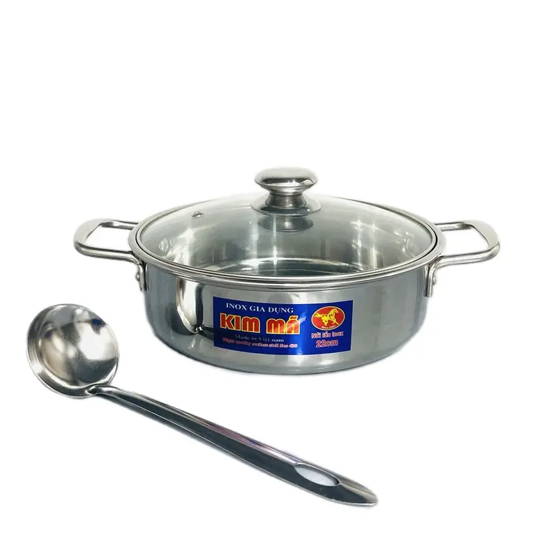 Lẩu size 22 có tặng vá lẩu , nắp kính  cường  lực inox 430 đáy bằng Kim mã 0