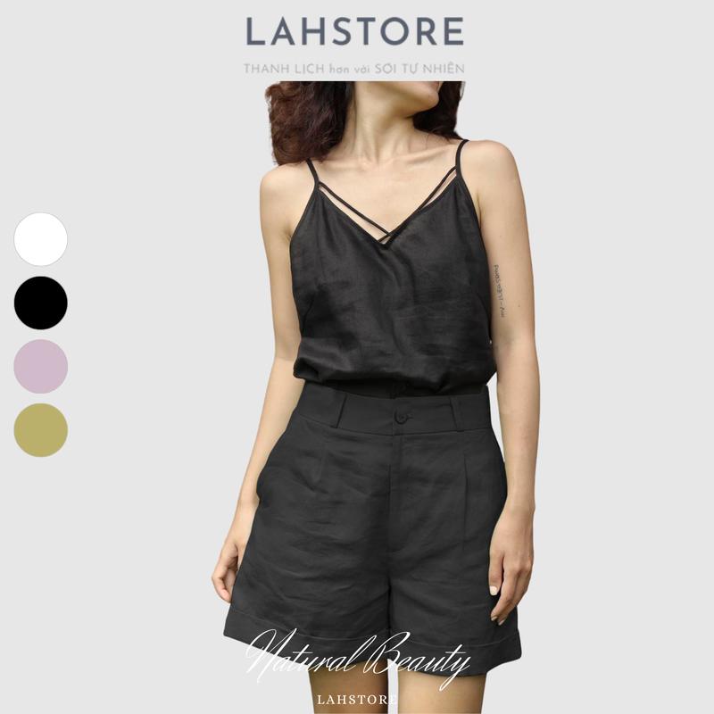Set áo 2 dây quần short nữ ống rộng xắn gấu LAHSTORE vải linen thiết kế trẻ trung năng động (Đen) Top Kem