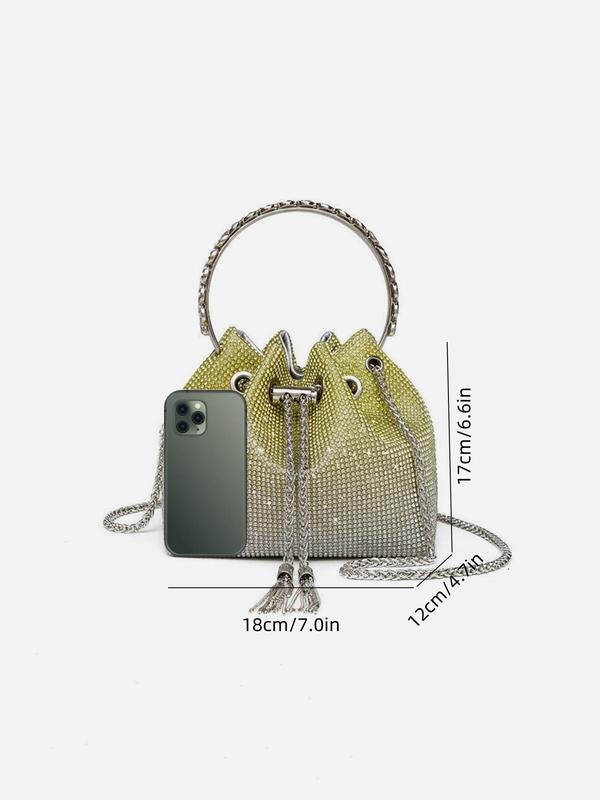 Women's Rhinestone Decorated Evening Bag with Round Top Handle, Elegant Shiny Tassel Chain Drawstring Design Shoulder Bag for Party, All-match Commuter Bag for Work & Daily Used, Valentine's Day Gift for Girl, Ladies Purse 8
