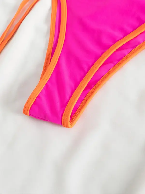 Two-Piece Set Women's Contrast Binding Tie Back Bikinis Set, Colorblock Halter Neck Triangle Swim Bra & Tie Side Swim Bottom, Ladies Summer Swimwear for Beach Holiday Vacation 4