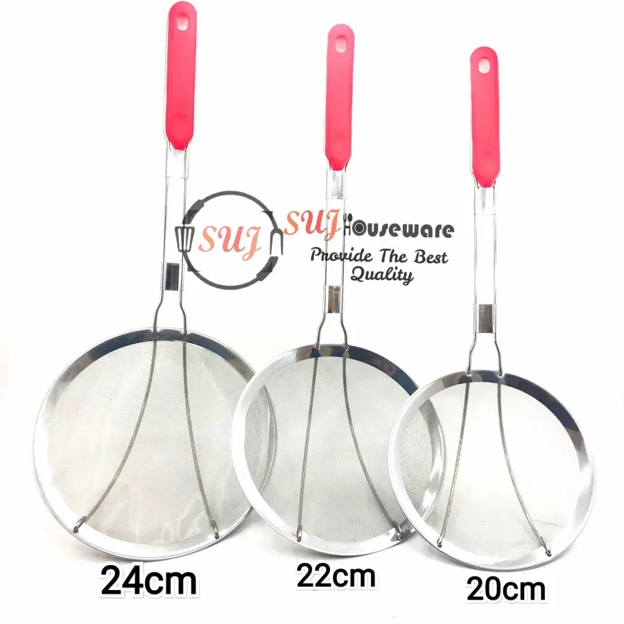 saringan minyak ceper gagang merah tebal 20cm , 22cm , 24cm. Stainless Kitchenware