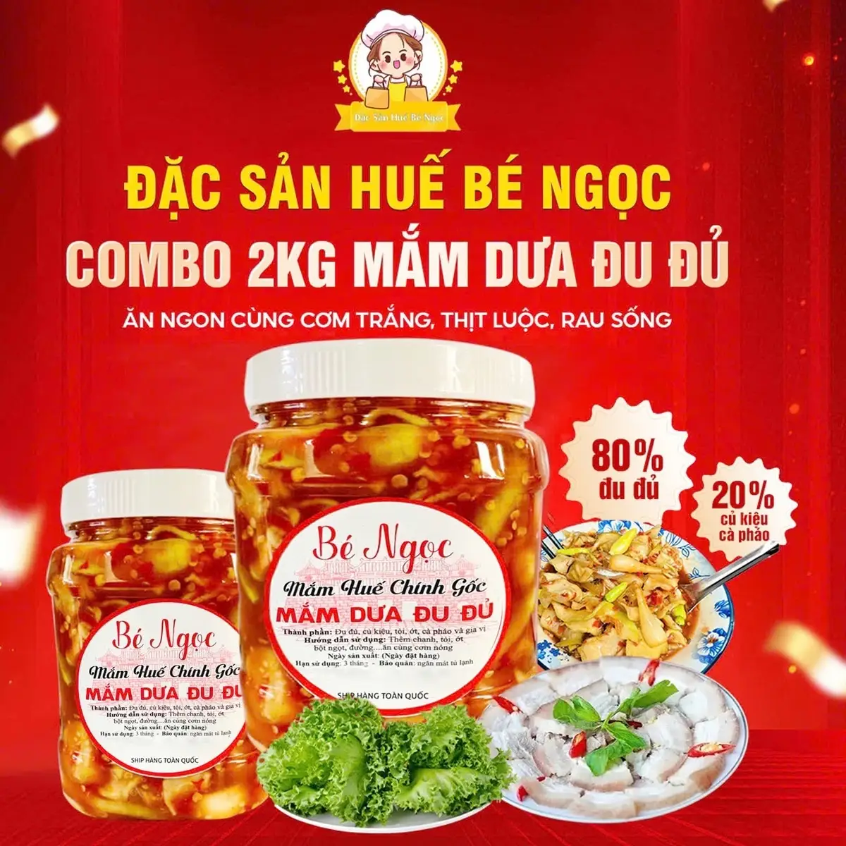 Combo 2kg Mắm Dưa Đu Đủ Bé Ngọc - Món ăn đặc trưng miền Trung (80% đu đủ)
