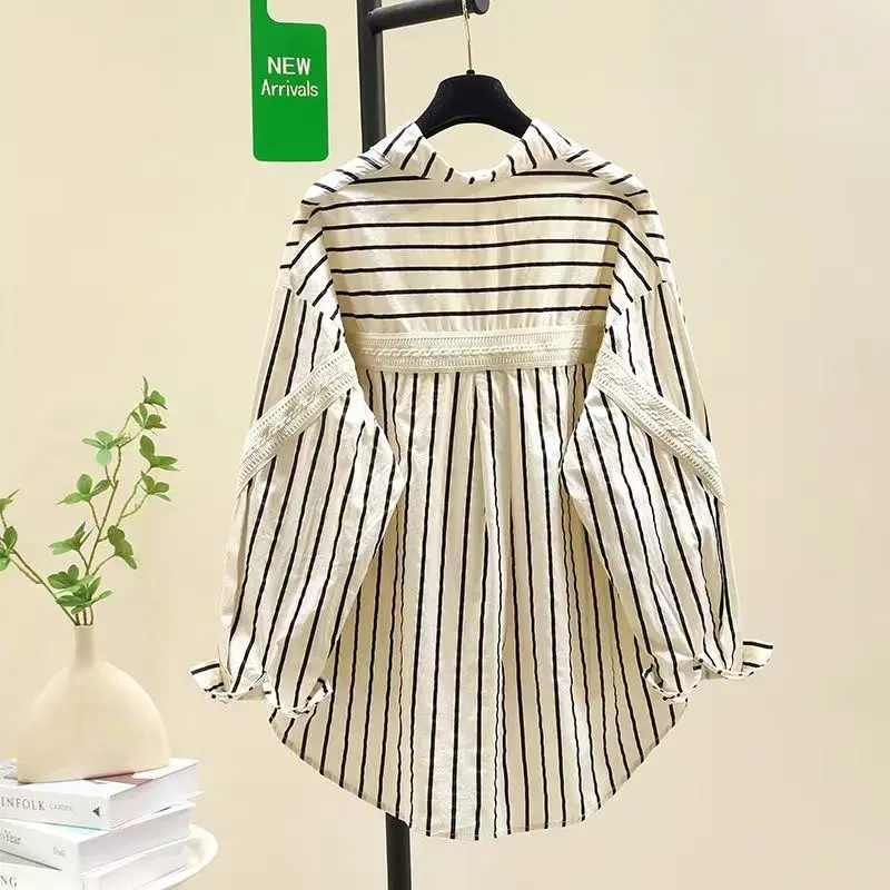 Áo Sơ Mi Sọc, Dành Cho Nữ, Phong Cách Hàn Quốc, Dáng Rộng Vừa Vặn, Khâu Màu Tương Phản, Áo Trên