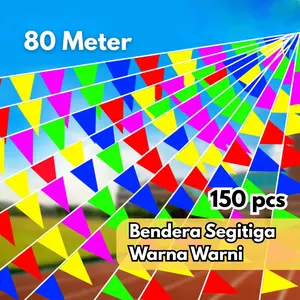 80 Meter 150 Pcs Bendera Segitiga Warna Warni Bunting Flage Bendera Hias Festival Kain BR082 Panjang