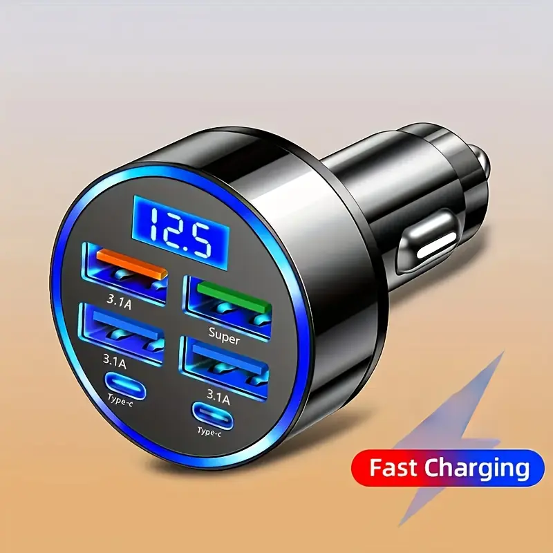 6-in-1 Fast Charger Car Adapter | QC3.0 Dual PD USB Ports, LED Display | Compatibility | 3.1A Fast Charging for Multiple Devices | Sleek Metallic Finish | Cigarette Lighter Plug | Supports 36V Vehicles 6