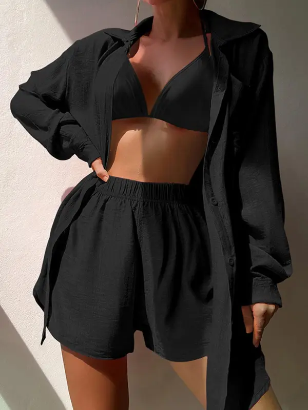 Women's Solid Button Front Pocket Cover Up Shirt & Elastic Waist Shorts Set, Long Sleeve Collared Shirt & Shorts, Casual Summer Outfits Clothes Set for Beach Vacation 4