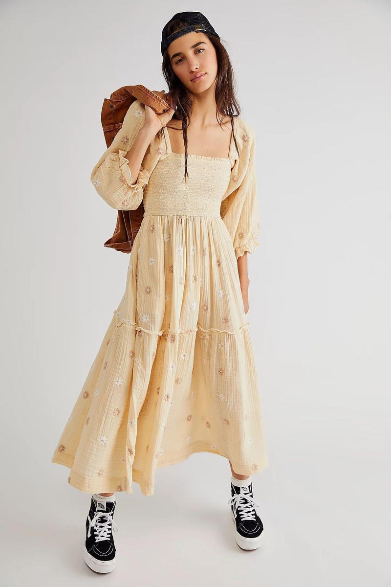 Product Introduction of Women's Floral Embroidery Frill Trim Shirred Flounce Sleeve Dress, Boho Fashion Long Sleeve Square Neck A Line Dress for Daily Holiday Vacation Wear, Ladies Dress for All Seasons, Dresses for Women, Spring Dress Casual Womenswear jaded london  dress 11