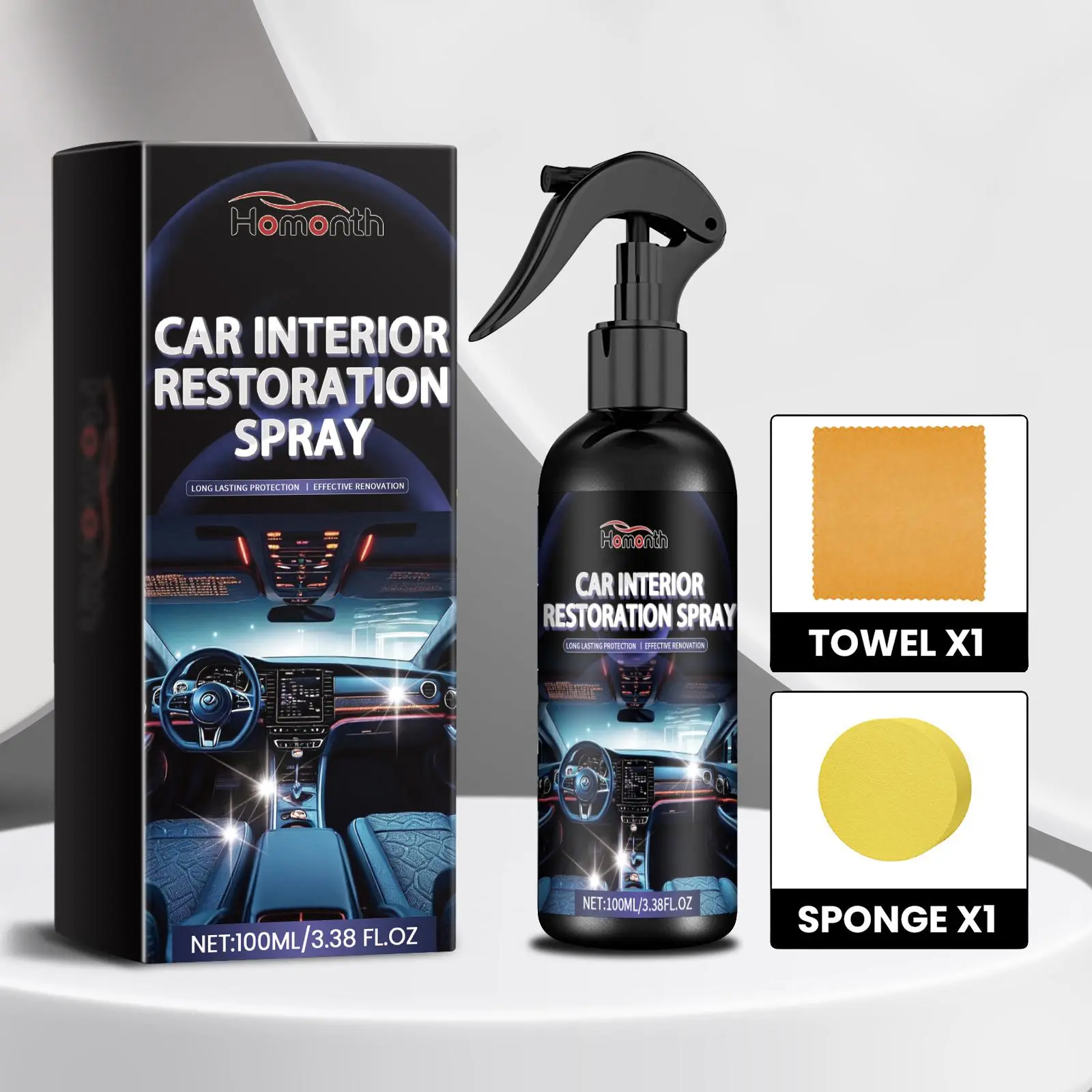 Car Interior Refurbishment Spray, Car Interior Cleaning Spray with Sponge & Towel, Multifunctional Household Cleaning Tool