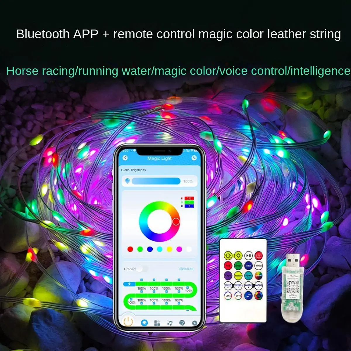 Christmas Tree Magic Color Rubber-Covered Wire Lighting Chain Usb Smart Point Control App Bluetooth Holiday String Light Lighting Chain Led Running Water Horse Running Light Belt