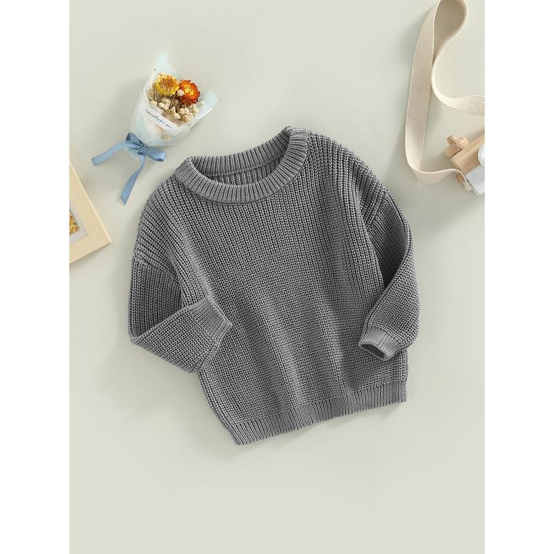Toddler Baby Round Neck Sweaters, Long Sleeve Solid Color Loose Knitted Pullovers 1