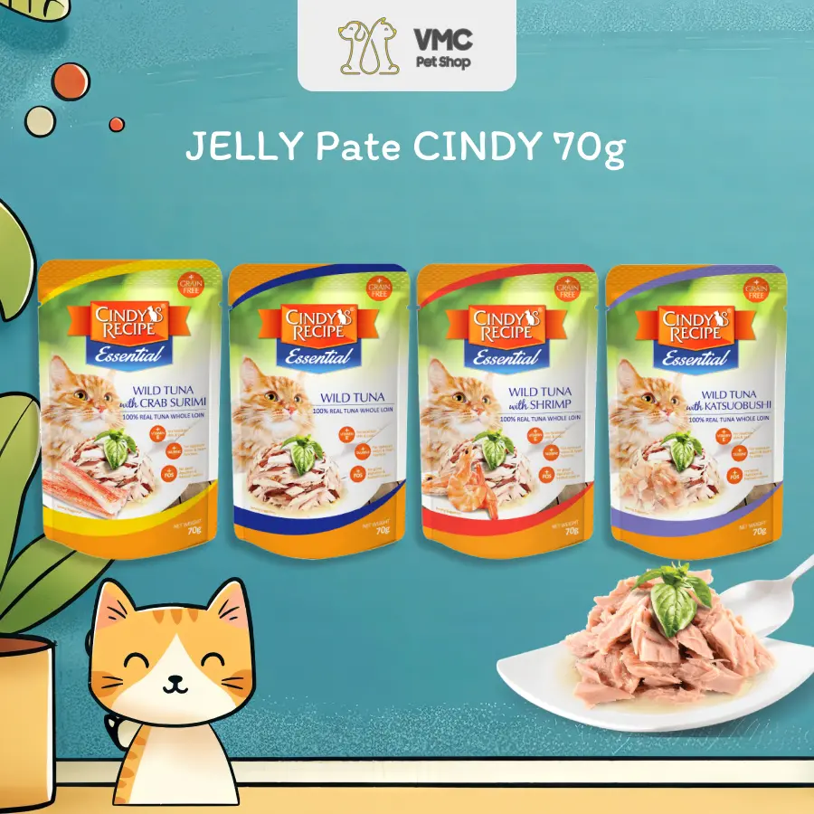 Gói pate cho mèo, mèo con Jelly cá ngừ nhiều vị Cindy Recipe 70g