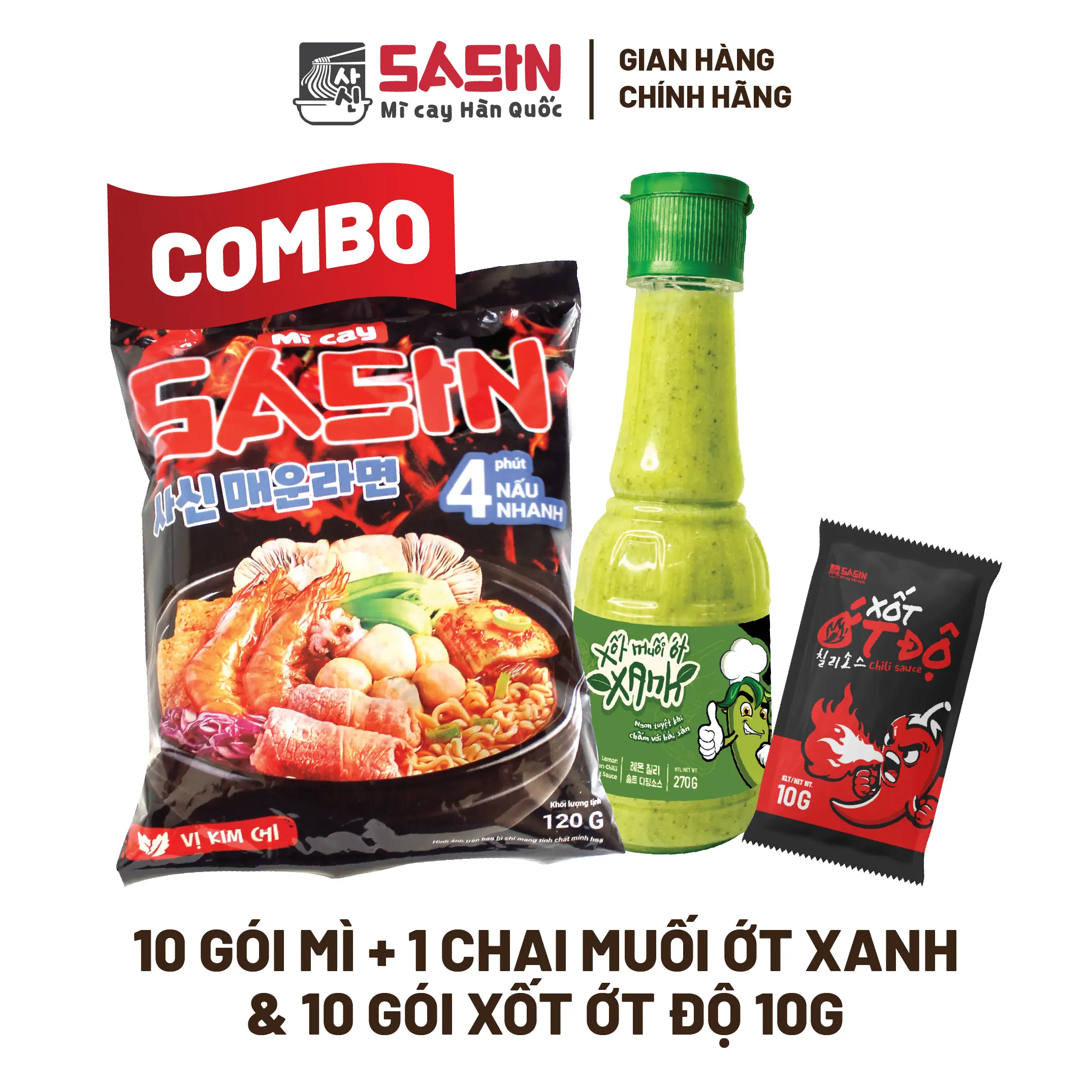 Combo 10 gói Mì cay Sasin vị kim chi 120g + 1 chai Muối Ớt xanh + 10 gói Sốt Ớt Độ 10g