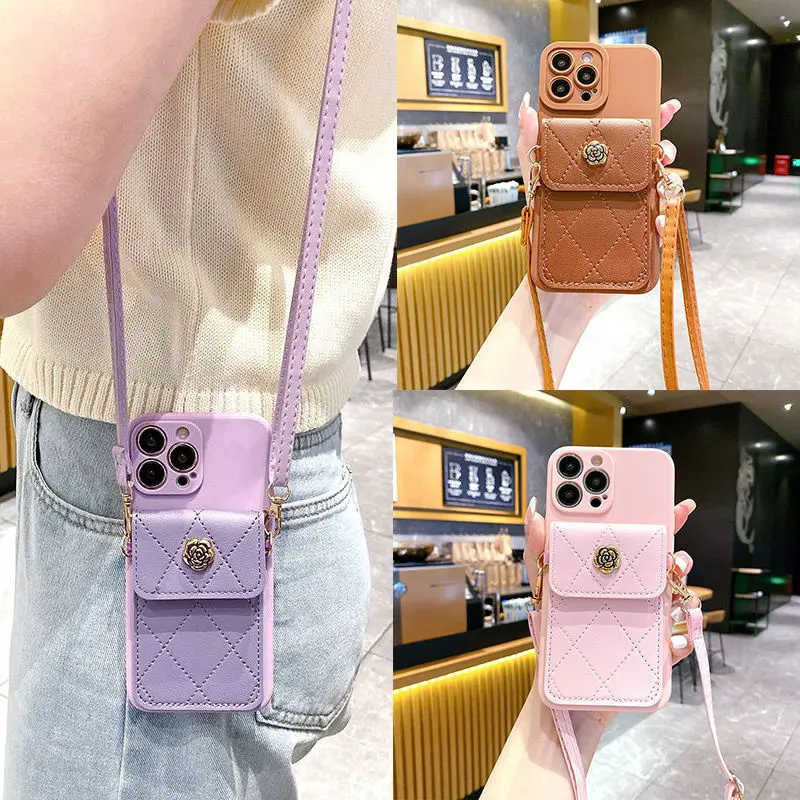 Casing For Samsung Galaxy A55 A35 A25 A15 A54 A34 A14 A73 A53 A33 A23 5G A24 4G Luxury Leather Square Camellia Wallet Card Holder Phone Case Anti-falling Protective Cover With Lanyard