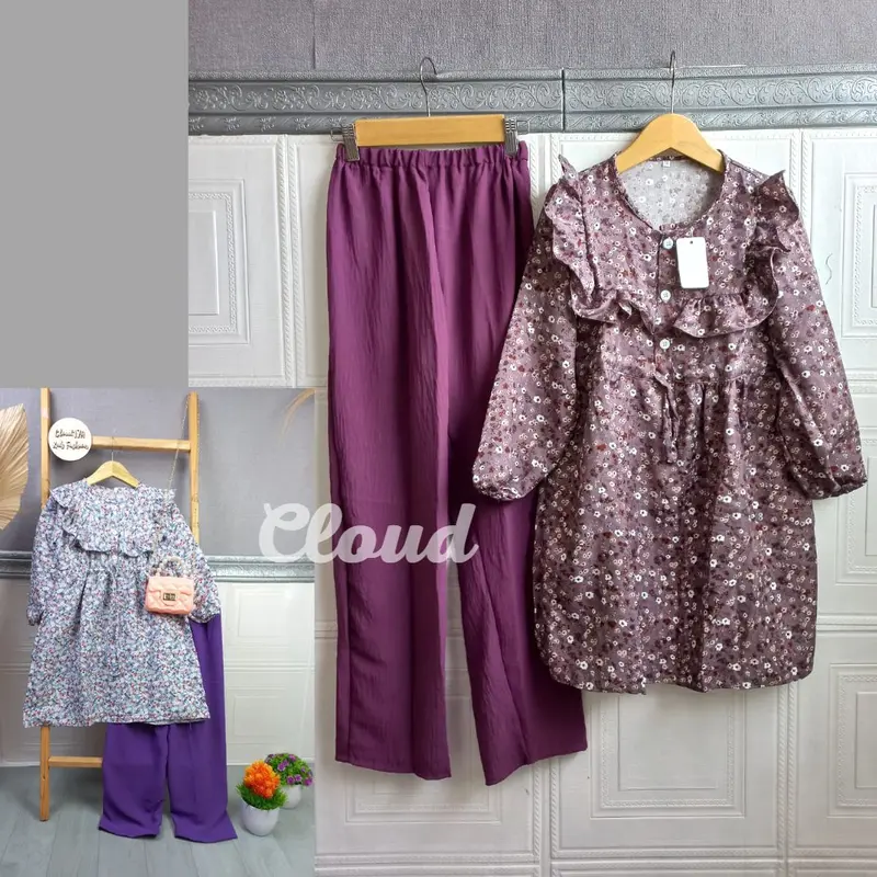 Setelan Anak perempuan motif bunga bahan crinkle airflo kombinasi Shakila usia 7-12 Tahun Oneset Kiyowo 6