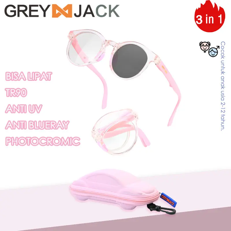 Grey Jack Kacamata Anak Antiradiasi Blueray Photocromic Anti UV Bisa Di Lipat TR90+Silicon Bulat Terbaru Fashion Anak Laki-laki dan Perempuan 777