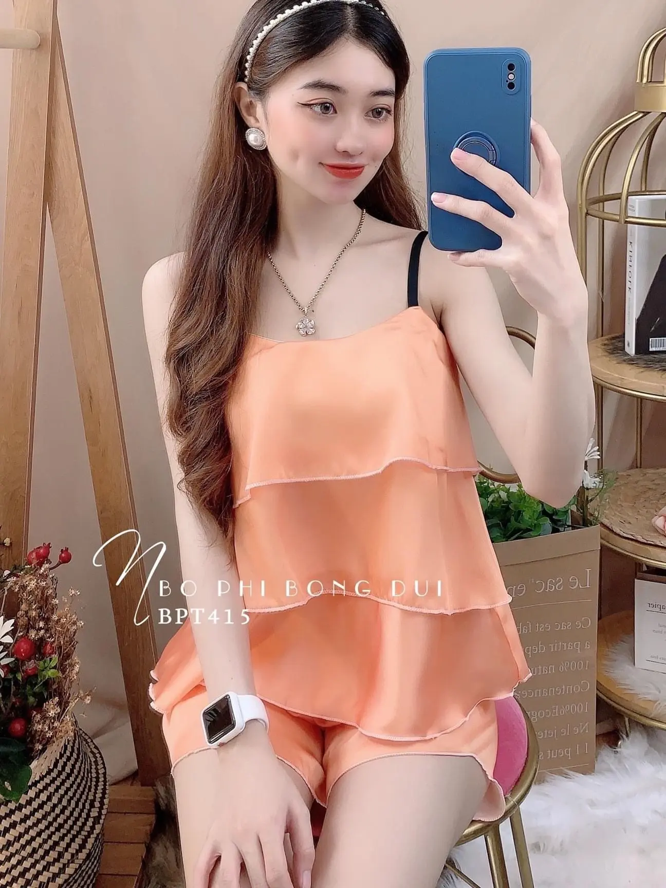 HÀNG MỚI Bộ đồ ngủ ngắn hai dây chất liệu vải phi bóng xếp tầng phom dáng thoải mái, freesize từ 45-57kg Lụa Trơn Mùa hè Nữ Women Áo Quần Ngủ Voi