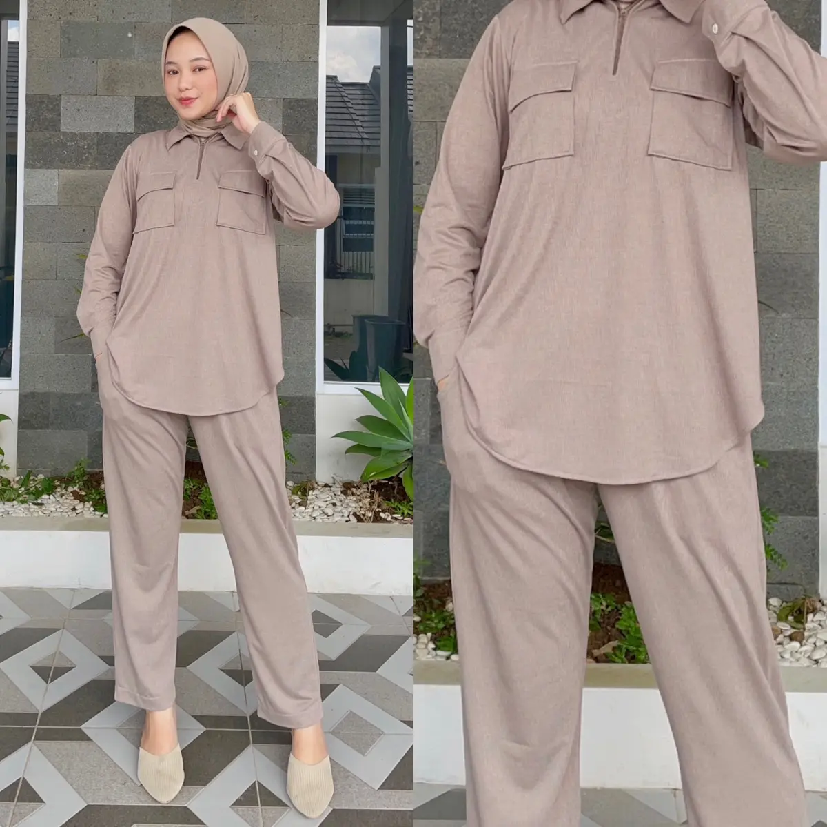 Nadira One Set Knit || Satu Set Atasan Blouse dan Celana by ghaisanboutique Karet Lembut Muslim Nyaman Standar Wanita Setelan Linen Panjang Basic Baju Kulot