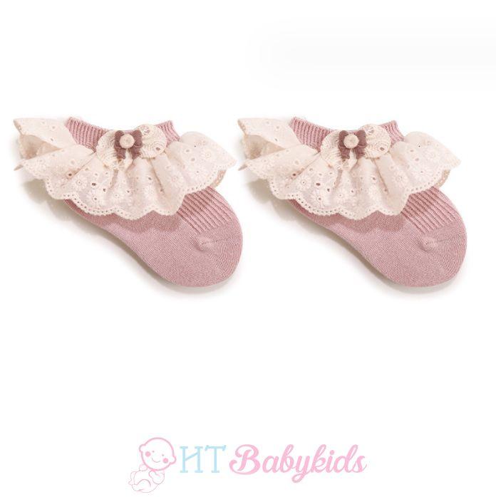Tất Cho Bé Gái Thêu Rên 100% Len Cotton Chống Trơn Trượt Hàng Xuất Nhật Tất Trẻ Em Từ 0- 12 Tuổi 5