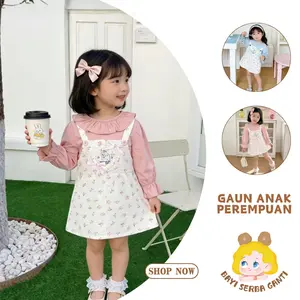 Bayi Serba Ganti 6 Bulan - 5 Tahun Setelan Gaun Anak Perempuan Imut Gaya Cartoon Kombinasi Atasan Biru Muda & Gaun Tali Motif Bunga Detil Rumbai Cantik Bahan Nyaman untuk Liburan Musim Semi/Gugur